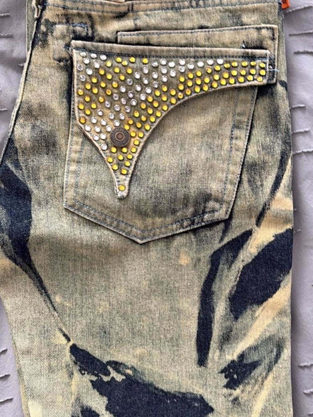 Men's Robin's Jean Distressed Jeans with Yellow & Silver Studs